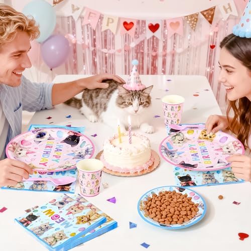 144PCS Cats Birthday Party Plates Set, Blue Pink Birthday Party Supplies