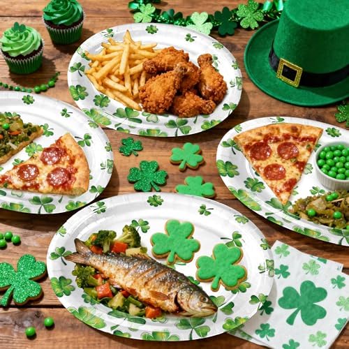 25 Pcs Green Shamrock Paper Plates, 12 Inch Oval Disposable Dinner Plates, Heavy Duty Grease Resistant Party Plates for Earth Day, Spring Picnic, Garden Party, Classroom Events
