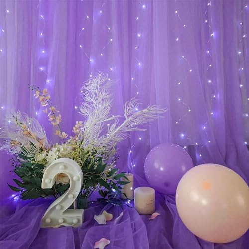 Purple Sheer Backdrop Curtains with Lights String for Baby Shower Girls 2 Panels 5×8ft Tulle Backdrop Curtain for Wedding Bridal Shower Elephant Birthday Party Photo Shoot Background Decorations