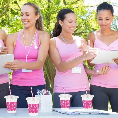 Whaline 50Pcs Breast Cancer Awareness Plastic Cups with Lids Straws Pink White Ribbon Clear Plastic Cups 12oz Disposable Cup for Charity Events Party Favors Supplies