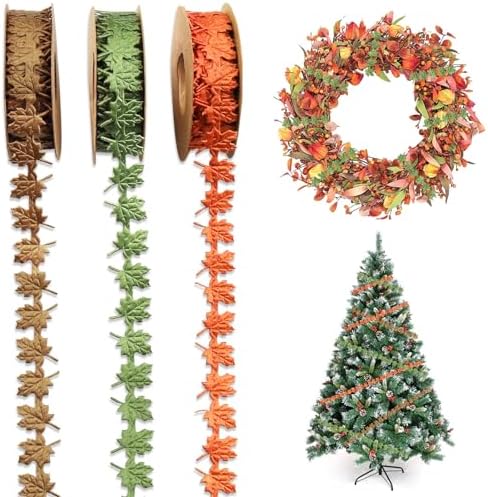Threetols 3 Rolls 15 Yards Fall Ribbons, Green Brown Orange Thanksgiving Ribbons Maple Leaf Shape Craft Ribbons Trim Embellishment for Gift Wrapping Autumn Party Decoration