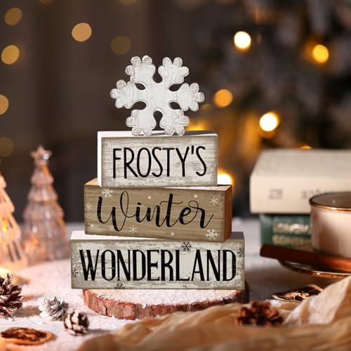 Lineshading 4 Pcs Winter Table Decorations Wooden Snowflake Decor Winter Tiered Tray Decor Rustic Snow Block Signs Gift Farmhouse Snowflake Table Centerpiece for Wonderland Party Kitchen Home