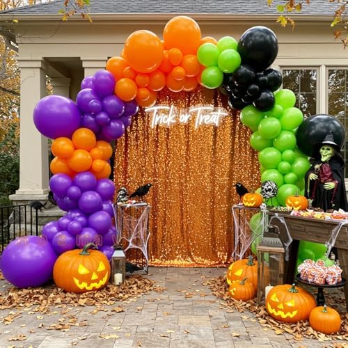 Halloween Balloon Arch, Orange, Black, Purple & Green, 138 Balloons