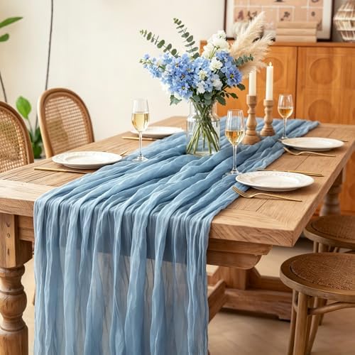 3Pcs Blue Table Runner, 10FT Boho Dust Blue Cheesecloth Table Runners 35*120inch for Wedding Bridal Shower Baby Shower Table Centerpiece Decorations