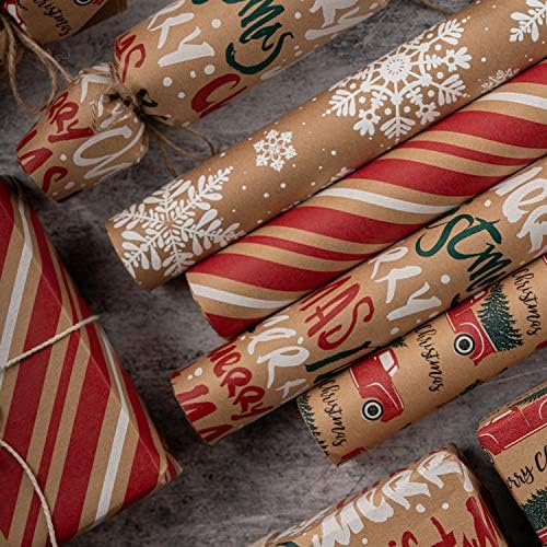 RUSPEPA Wrapping Paper, Kraft Paper - Snowflakes, Car and Christmas Tree, Stripes and Merry Christmas - 4 Rolls - 30 inches x 10 feet per Roll