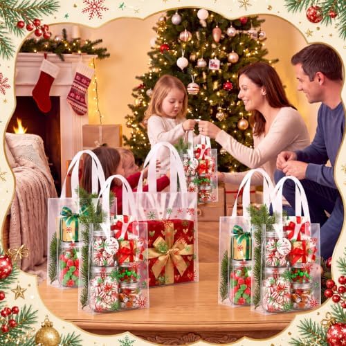 Pajean 25 Pcs Christmas Plastic Gift Bags with Handles, Snowflake Pouches