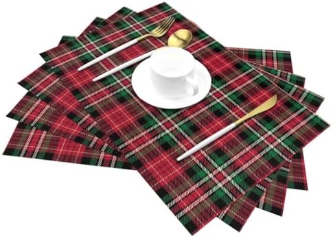 Christmas Place mats Set of 4, 12x18 Inches Red Green Plaid Decorative Placemats Rectangle Winter Table Mats for Party Home Kitchen Dining Table Decoration