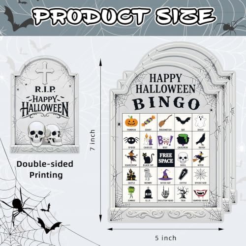 Halloween Bingo Cards for 24 Players - 5" x 7", Tomb Shaped