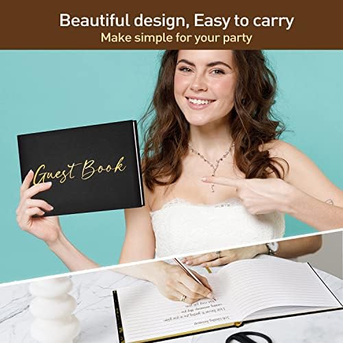 JUBTIC Black Guest Book for Graduation Party Guest Sign in Book with Pen for Reception, Wedding, Baby Shower, Birthday, Shower, Funeral, 100 Pages with Gilded Edges and Gold Foiled Cover -7×10″