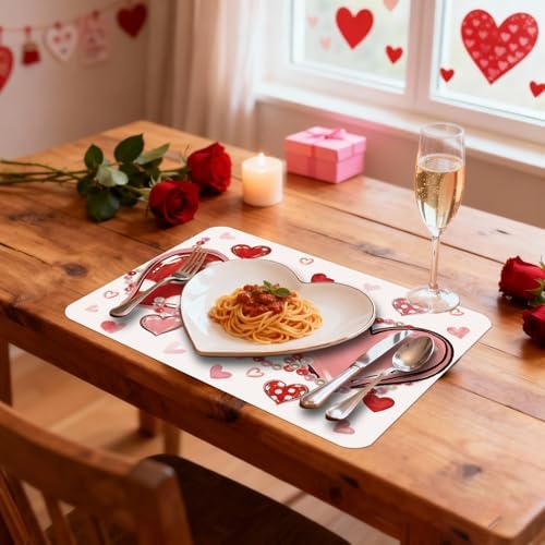 6 Set Valentine's Day Placemats, 11x16 Inch Love Heart and Bead Plastic Placemats Red Pink Hearts Spring Holiday Table Mats for Wedding Party Festival Decor