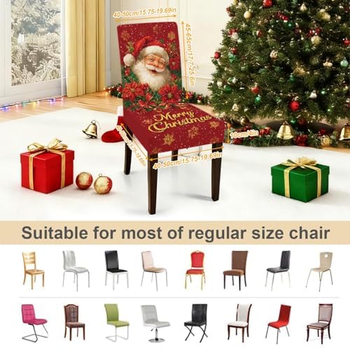 Christmas Chair Covers Set of 4, Santa Claus Dining Chair Slipcovers with Poinsettia Flowers and “Merry Christmas” for Holiday Décor