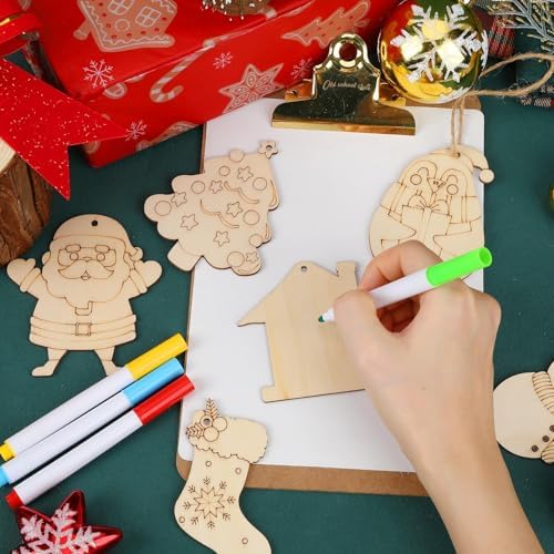 DECYOOL 50Pcs Christmas Wooden Ornaments Predrilled Unfinished DIY Crafts