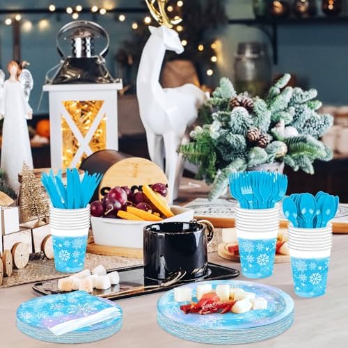 175 Pcs Snowflake Winter Wonderland Tableware Set - Serves 25, Snowflake-Themed Disposable Plates, Cups, Napkins, Forks, Spoons, Knives for Christmas, Winter Party Supplies, Holiday Gatherings