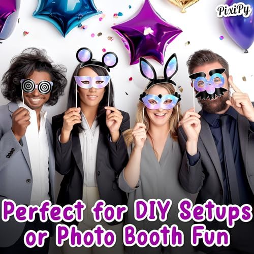 Premium Birthday Wedding Graduation Photo Booth Props Kit - 16 pc - Black & Purple - Durable & Easy-to-Use Photobooth Props Signs for Memorable Photos - Party Supply Decorations - by PixiPy