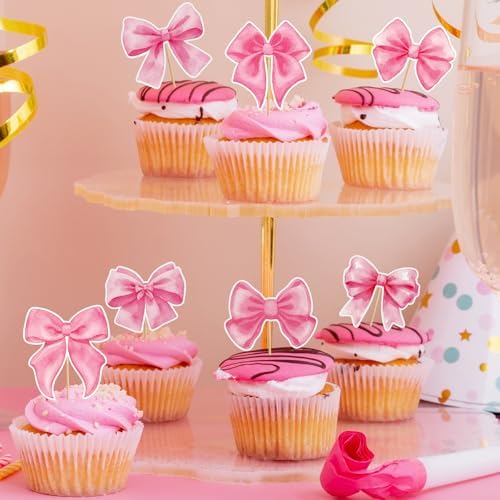 Hooqict 40Pcs Pink Bow Cupcake Toppers Pink Bow Birthday Cake Decorations Cupcake Picks for Girls Coquette Birthday Decorations Baby Shower Bachelorette Bridal Wedding Party