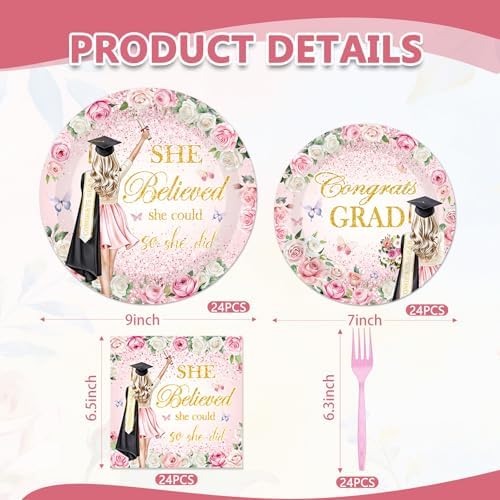 96Pcs She Believed She Could So She Did Paper Plates Napkins Forks Flower Graduation Decorations 2026 Party Tableware Floral Grad Class of 2026 for College High School Supplies Serve 24 Guests