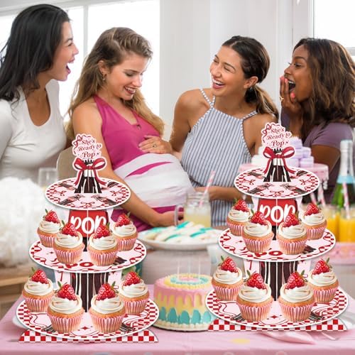 3 Tier Cupcake Stand for She's Ready to Pop Baby Shower Decorations - Red Soda Themed Cardboard Cupcake Tower, Reusable Dessert Display Cup Cake Tower Stand for Kids Birthday Party Supplies