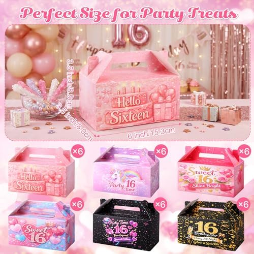 Zhanmai 36 Pack Sweet 16 Party Treat Box Happy 16 Year Old 16th Birthday Goodie Boxes Hello Sixteen Gift Containers with Handles, Decorative Cardboard Goodie Boxes for Cookies Cupcakes Candy