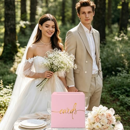 Light Pink Card Box with Gold Foil Design, Paperboard 8.7" Gift Card Holder for Wedding Graduation Birthday Party Reception Retirement Anniversary Bridal & Baby Shower