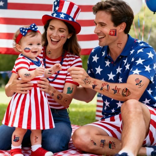 250th Anniversary USA Shirt - 150 PCS USA Flag Patriotic Tattoos for Fourth of July Accessories America Merchandise | 4th of July Outfits for Women,Red White Blue Party Decorations Favors Supplies