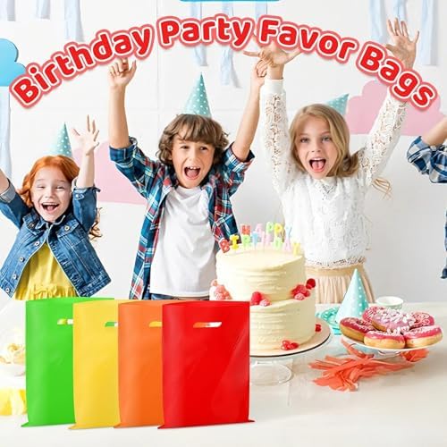 VieFantaisie 50 PCS Red Party Favor Bags, 8" x 11" Goodie Bags for Candy Treat Craft Easter Egg, Plastic Gift Bag with Die Cut Handles for Birthday Party, School Events & Small Business, Wedding