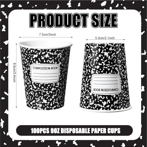 Funtery 100 Pieces Back to School Paper Cups 9 oz Composition Book Cups