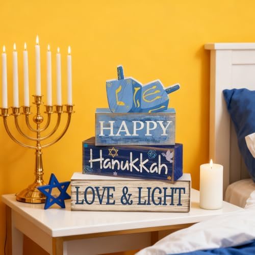 Lineshading 4 Pcs Hanukkah Table Decorations for Home, Wooden Dreidel Signs