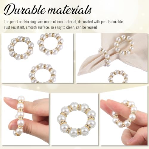 Napkin Rings Set of 12, Pearl Napkin Rings Gold for Table