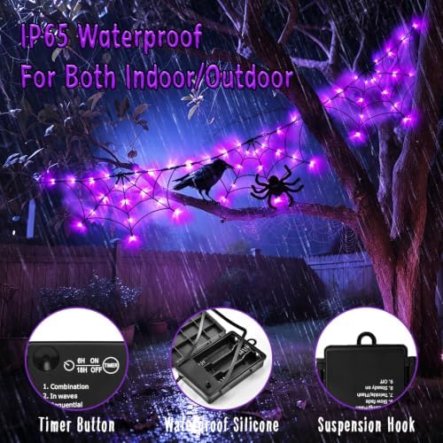 Halloween Decorations Spider Web Lights 6FT 60LED Battery Operated/USB Powered with Black Spider with Timer 8 Modes Indoor Outdoor for Halloween Decor, Purple