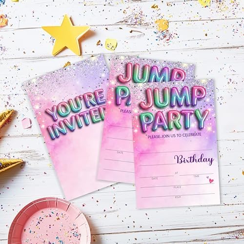 Jump Birthday Invitation Girl, Silver Glitter Rainbow Double-Sided Fill In Style Invites with Envelopes for Birthday, Trampoline Jump Party Invitation For Girls, Teens, Bday Party Favor & Decoration