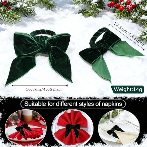 Christmas Bow Napkin Rings Set of 6 Green Velvet Bow Cloth Napkin Holders for Christmas Eve New Year Party Wedding Anniversary Brithday Gatherings & Home Daily Dinner Table Decor