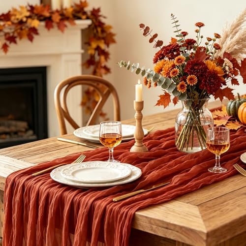3Pcs Fall Table Runner, 10FT Thanksgiving Cheesecloth Table Runner 35*120inch Terracotta Table Runners for Fall Wedding Baby Shower Friendsgiving Thanksgivig Home Kitchen Table Decorations