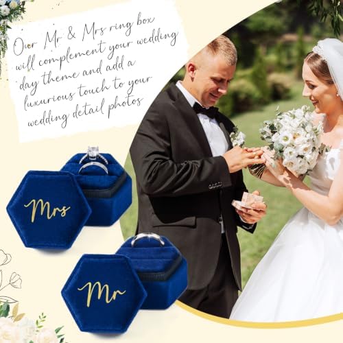 Mr & Mrs Velvet Wedding Ring Box 2 Slots Cursive Hexagon Jewelry Ring Box for Wedding Day Ceremony Bridal Photography Gift Set of 2 (Sapphire Blue)