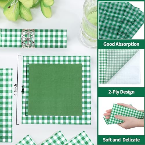 80 Pack Green Gingham Paper Napkins, 6.5 x 6.5 In, Disposable