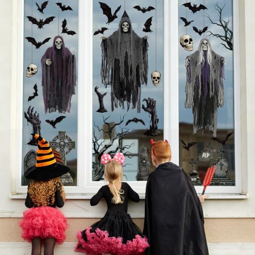 54 PCS Large Halloween Decor, Grim Reaper Halloween Window Clings for Home