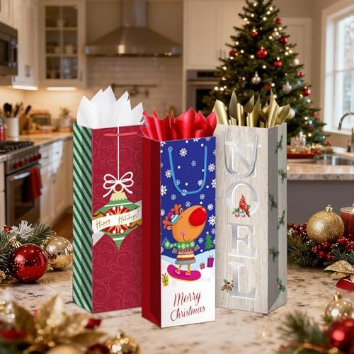 Xylitic 12 Pack Christmas Wine Bags Bulk with Handles, Holiday Wine Gift Bags for Bottles, Birthday Xmas Party Supplies, Drinkers Present (4.7” x 3.5” x 14”)