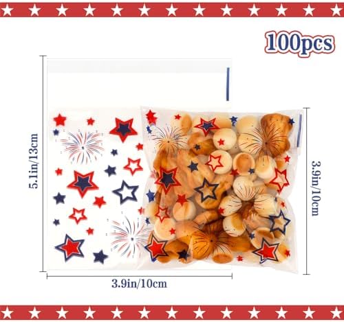 Red White Blue Star Patriotic Candy Bags, 100 PCS American Independence Day 4th of July Self Sealing Plastic Ziplock Cellophane Treat Goodie Gifts Snack Cookie Bags Party Favors Supplies Pouch Baggies