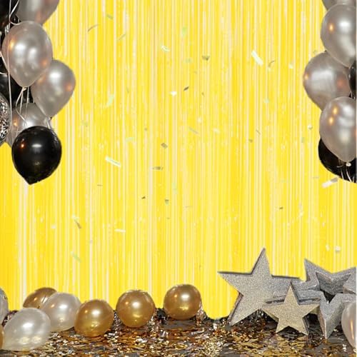 DECOCKRAT 3 Pack Foil Fringe Backdrop - Pastel Yellow Shiny Tinsel Curtains for Party Decoration/Photo Booth Props - 3.3x8.2 FT Metallic Foil Backdrop for Birthday, Wedding, Graduation, Christmas.