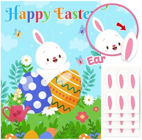 Pin The Ears on The Bunny Game for Kids, Happy Easter Rabbit Poster with 24Pcs Stickers Fun Family School Classroom Activities Spring Holiday Egg Hunt Birthday Party Decoration Supplies Wall Decor