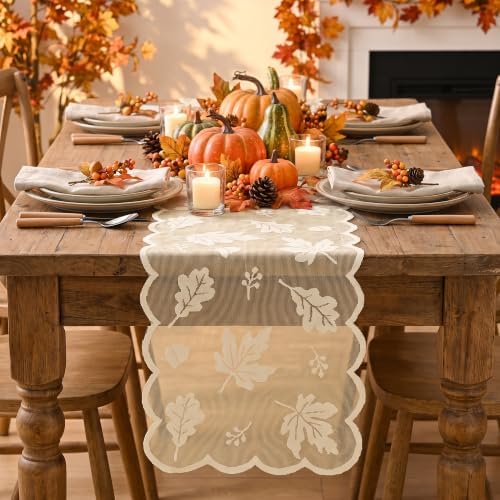Artoid Mode Beige Lace Jacquard Maple Leaf Fall Table Runner, Seasonal Thanksgiving Orange Kitchen Dining Table Decoration for Home Party Decor 13x72 Inch