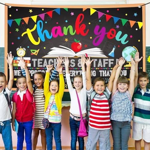 Happy Teacher Day Banner Teacher Appreciation Week Decorations Flag Outdoor 71x44 Inch School Classroom Backdrop,Thank You Teacher Gifts for Indoor Home Party Supplies,Yard Sign Photography Background