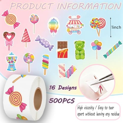 500PCS Christmas Stickers 16 Styles Candy Sticker Rolls Adorable Lollipop Stickers 1in Self-Adhesive Waterproof Vinyl Sticker Decor for Birthday Party Envelopes Scrapbook Decorations