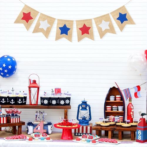 Burlap Star Banner 4th of July Garland Bunting Red White and Blue Decorations Patriotic America Independence Day Memorial Veterans Day Flag for Mantel Fireplace Sign USA Accessories