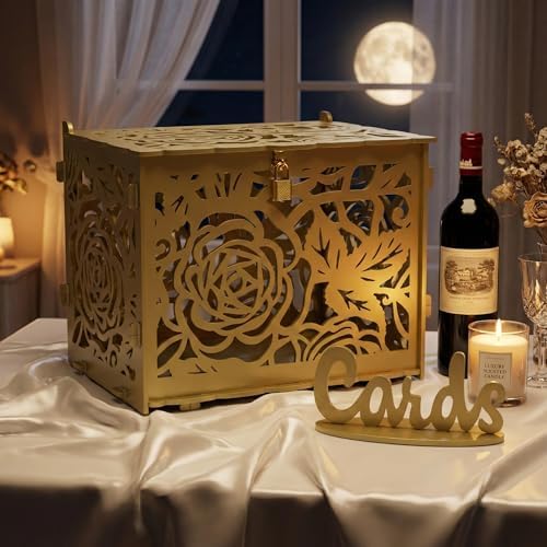 Jolik DIY Wedding Card Box, Large Rustic Locking Money Box Holder for Wedding Reception, Gift Card & Envelope Storage, Anniversary & Birthday Party Decoration, Bridal or Baby Showers (Gold)