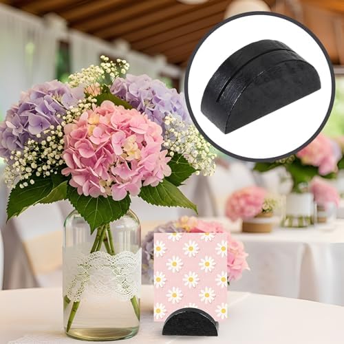 12 PCS Wooden Table Number Stands, Semicircular Wedding Place Card Holders, Reusable Wood Table Name Holders for Wedding Restaurant Banquet Birthday Party Photo Menu Clips Office Tag (Black)