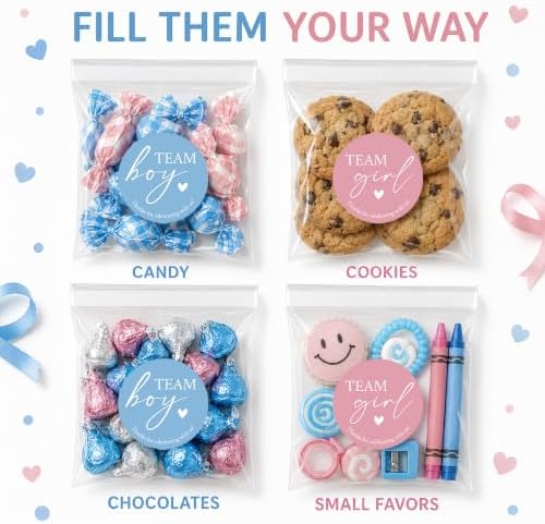 Gender Reveal Party Favor Bags, 120 Team Boy or Girl Stickers and 120 Clear Treat Bags, 1.6 Inch Pink and Blue Labels for Candy, Snacks and Baby Shower Decorations