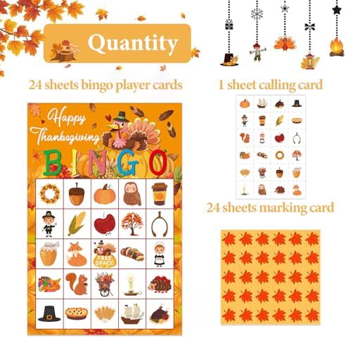 JUESMOS Thanksgiving Bingo Games for Kids Adults 24 Players Turkey Fall Thanksgiving Bingo Cards Thanksgiving Party Games Supplies Favors for Family School Classroom Game Activities 5 x 7 Inches
