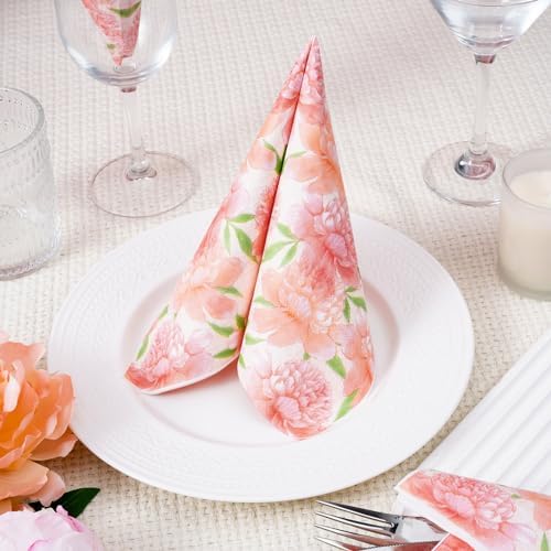 WRAPAHOLIC 50Pcs Watercolor Pink Floral Napkins - 3 Ply Disposable Paper Luncheon Napkin for Wedding Birthday Bridal Tableware Party Supplies - 6.5 x 6.5 In