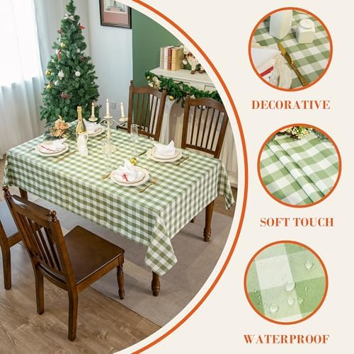 Green and White Gingham Tablecloth, Spring Plaid Waterproof Table Cover for St Patrick's Day, Indoor Dining, Kitchen Table, Garden Picnic, Washable Rectangle Tablecloth, W60 x L60 in