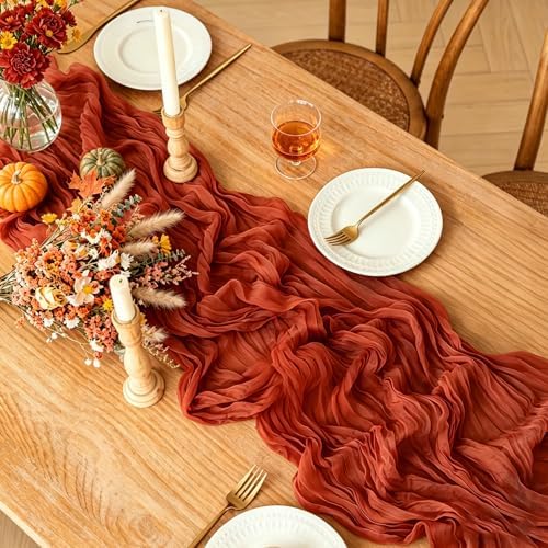 3Pcs Fall Table Runner, 10FT Thanksgiving Cheesecloth Table Runner 35*120inch Terracotta Table Runners for Fall Wedding Baby Shower Friendsgiving Thanksgivig Home Kitchen Table Decorations